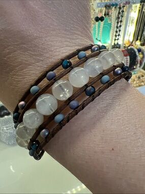 Handcrafted Brown Leather Beaded Moonstone Bracelet